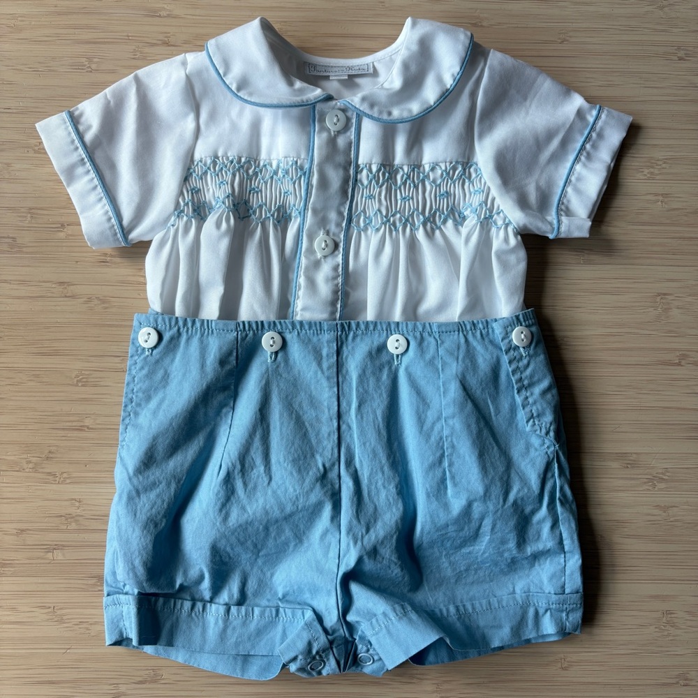 Fantaisie kids white/blue cotton smocked set